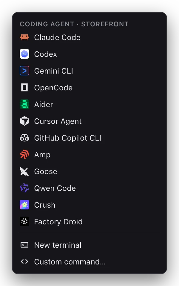 The agent menu from the plus button: twelve coding agents with their logos, then New terminal and Custom command.