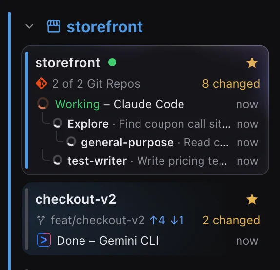 The storefront space card: Claude Code is Working, with Explore, general-purpose and test-writer subagents nested underneath.
