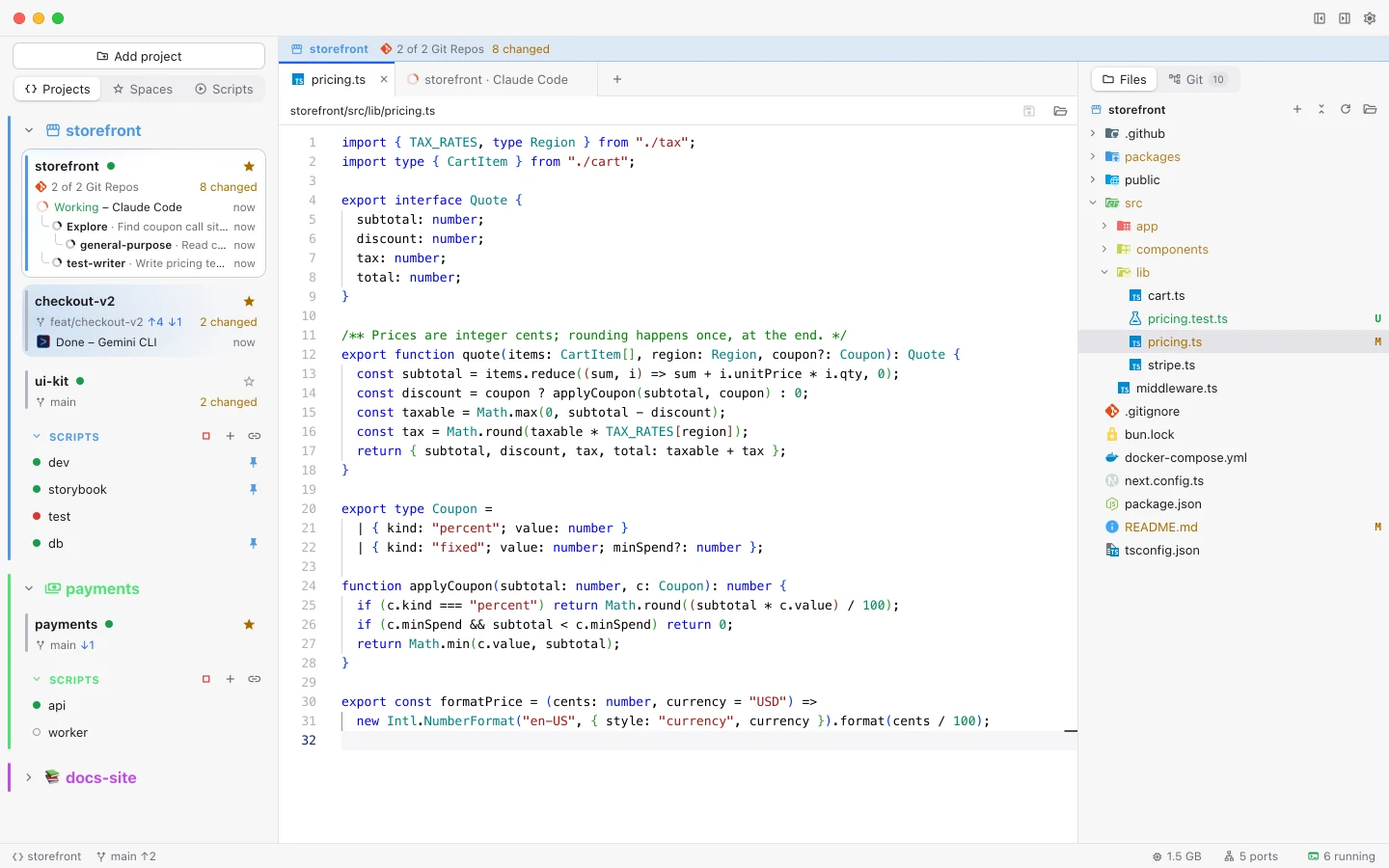 Aira in the light theme: the same three projects in the sidebar, pricing.ts in the editor and the file tree on the right.