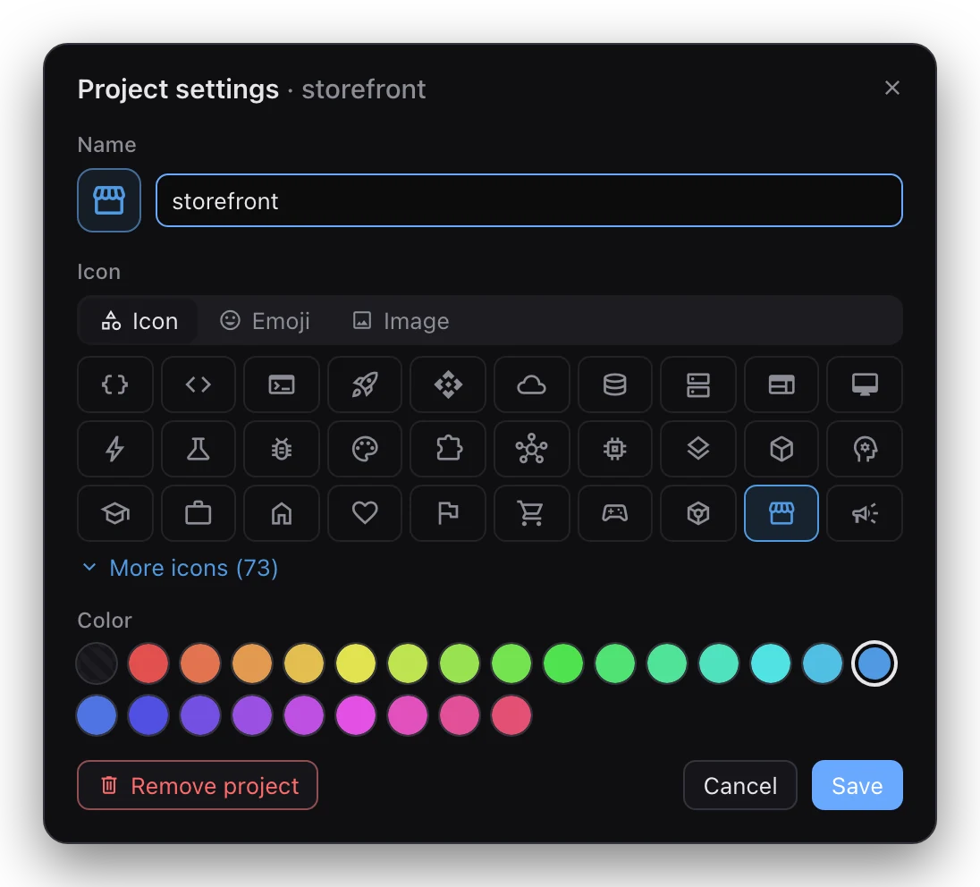 Project settings for storefront: its name, an Icon, Emoji and Image picker showing a grid of symbols, 24 colours plus the default, and Remove project.