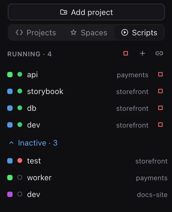 storefront's scripts in the sidebar: dev, storybook and db running and pinned, test failed.