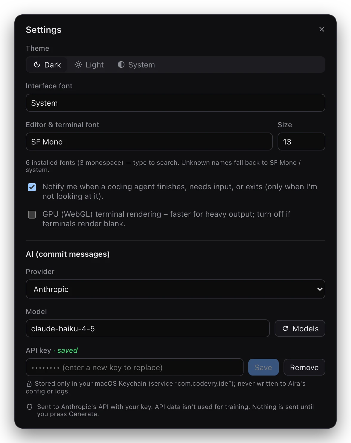 Aira's Settings: theme, interface font, editor and terminal font and size, notifications, GPU rendering, and the AI commit message provider, model and API key.