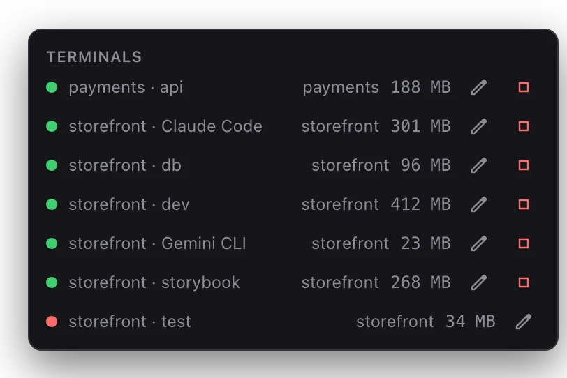 The Terminals list from the status bar: running terminals across projects, each with its memory.